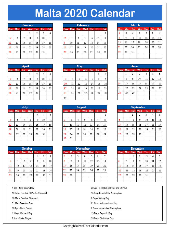 Malta Printable Calendar 2020